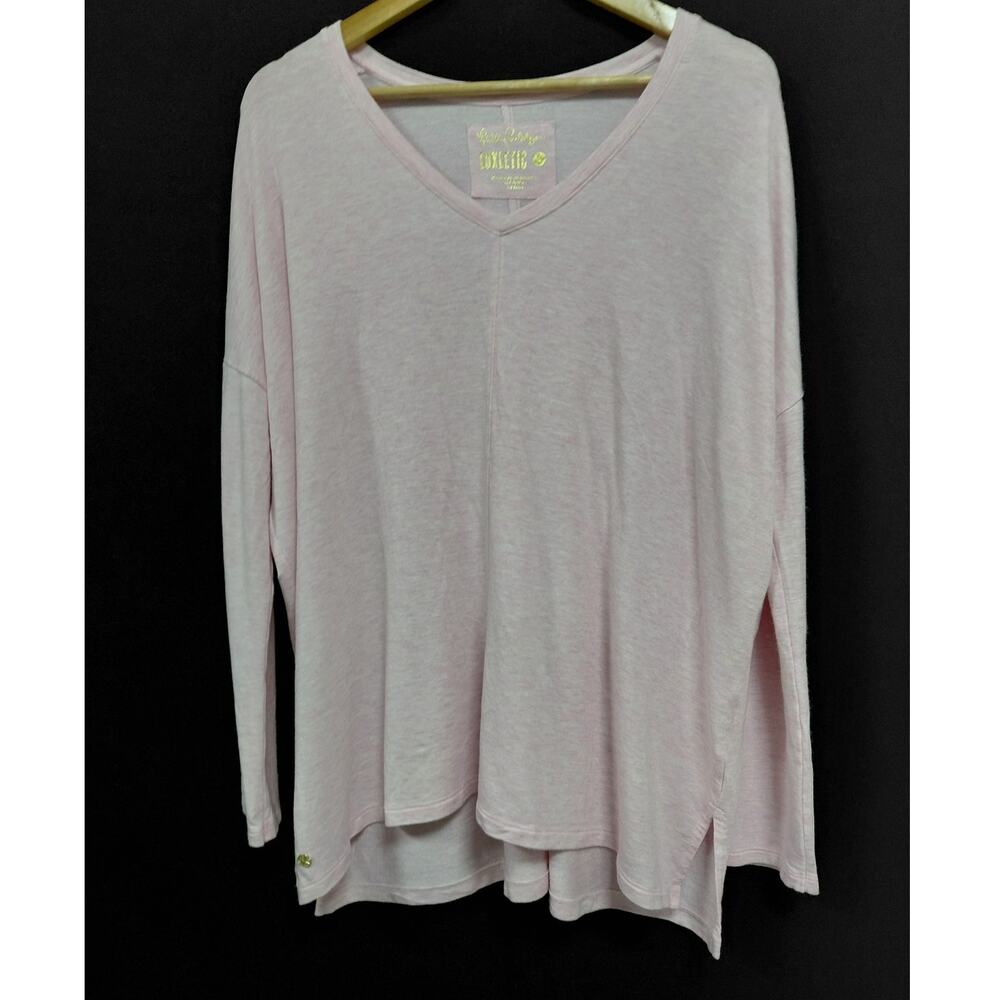 Lilly Pulitzer LUXLETIC V-Neck Top Pink Solid Knit Long Sleeve Women Size S